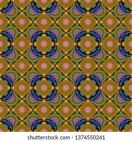 Simple graphic design. Repeating geometric tile pattern. Modern stylish texture with green, brown and blue tiles. Trendy hipster geometry. Vector seamless pattern.