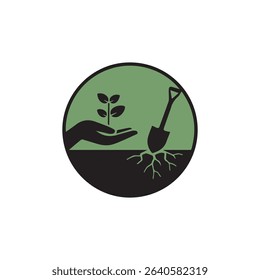Simple graphic design showing a hand holding a sprout and a shovel digging into the ground.  Isolated on white background. Perfect for eco-friendly concepts.
