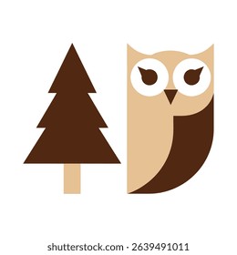 Simple graphic design of a stylized owl and fir tree.  Beige owl, brown tree.