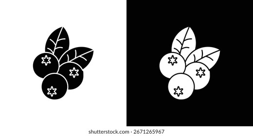 Diseño gráfico simple de tres arándanos con hojas, que se muestra en fondos blancos y negros.