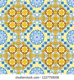 Simple graphic design. Trendy hipster geometry. Vector seamless pattern. Modern stylish texture with yellow, blue and orange tiles. Repeating geometric tile pattern.