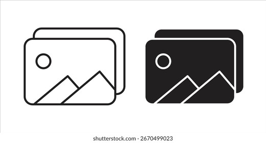 Um design gráfico simples de dois ícones de imagem empilhados, um preto e um branco, isolados em branco.