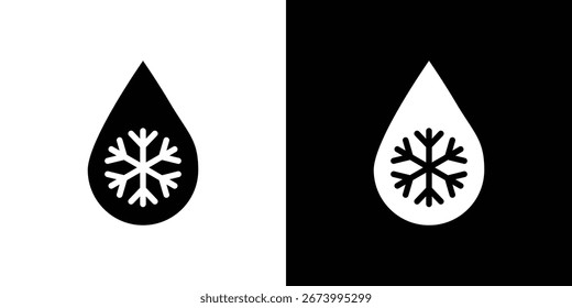 Simple graphic design of a water drop containing a snowflake, isolated on white and black backgrounds.