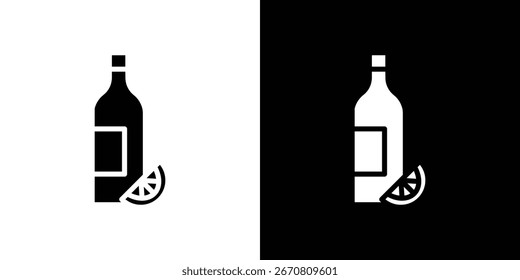 Simple graphic design of a wine bottle and lime slice, presented against both white and black backgrounds.