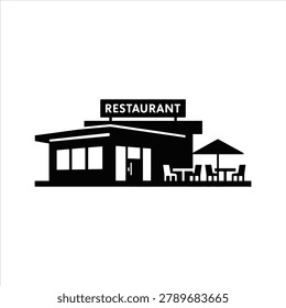 Simple graphic of a dining establishment with patio furniture and shade structure. Ideal for hospitality branding and culinary ventures.