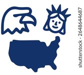 Simple graphic of an eagle, Statue of Liberty, and USA map