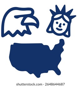 Simple graphic of an eagle, Statue of Liberty, and USA map