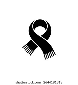 Simple graphic features a black scarf icon. Scarf is looped with detailed fringe on both ends against a clean white background. Minimalist vector art.