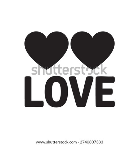 Simple graphic features the word love written in bold black text with two solid black hearts positioned directly above the letters creating a recognized romantic symbol.