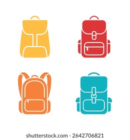 Simple graphic featuring four backpack icons in bright yellow, red, orange, and blue. The backpacks are displayed against a clean, minimalist white background.