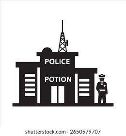 A simple graphic featuring a police station building, a radio tower, and a uniformed officer.