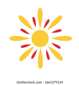 Simple graphic flat sun. Isolated on white. Cartoon style. Wheather forecast. Nature and ecology. Doodle style. For post cards and posters. For coloring book page. For kids. For children. drawing.