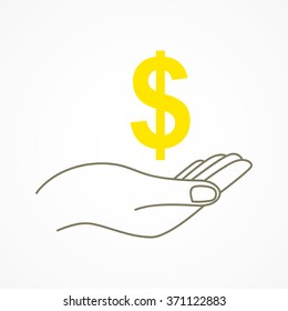 Simple graphic of a hand holding a dollar currency symbol