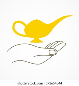 Simple graphic of a hand holding a magic lamp.