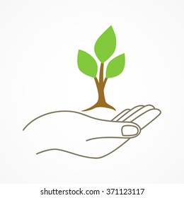 Simple graphic of a hand holding a young tree symbol