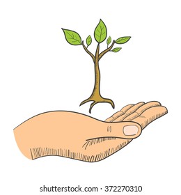 Simple graphic of a hand with a young tree symbol