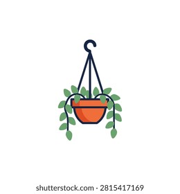 A simple graphic of a hanging planter containing cascading leafy vine. Ideal for home decor or botanical concepts.