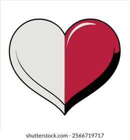 A simple, graphic heart design, split into two halves, one in light white, the other in a deep red, with a black dividing line.