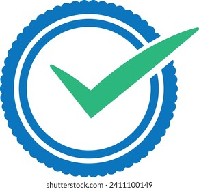 Icono gráfico simple de un círculo azul con bordes de vieira, que se asemeja a un sello o placa, con una marca de verificación verde que indica aprobación o verificación.