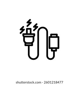 Simple graphic icon of an electrical plug emitting sparks connected to a cable end, isolated for technology illustrations.