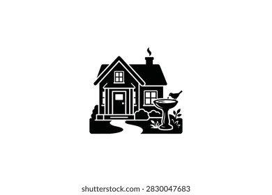 A simple graphic icon featuring a small house with a chimney and a bird standing on a birdbath in the front yard