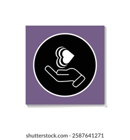 A simple, graphic icon of a hand offering a heart, set against a muted purple background.