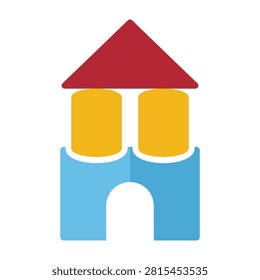 A simple graphic icon of a house with a red roof and blue base, representing home and shelter