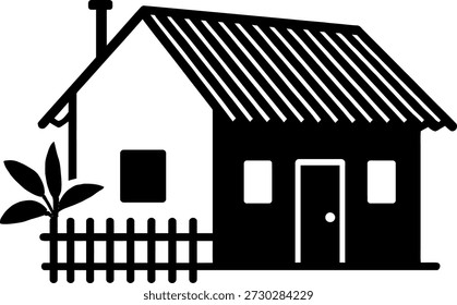 Einfaches grafisches Symbol, das ein kleines Haus mit einem Schornstein und einer Taschenzaungrafik darstellt