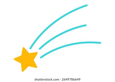 Simple graphic icon of shooting star with tail lines in blue and yellow colors. Clipart image isolated on background.