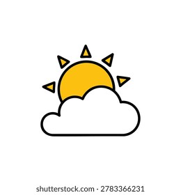 A simple graphic icon showing a bright yellow sun with rays partially obscured by a fluffy white cloud on a plain background.