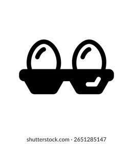 Icono gráfico simple que muestra un par de huevos ovalados en una bandeja protectora