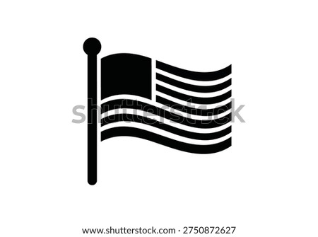 Simple graphic icon showing us flag on a pole, symbolizing america, freedom, independence day, and national identity in a solid black.