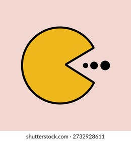 A simple graphic of the iconic Pac-Man character on a solid pink background, with a mouth open and three pellets