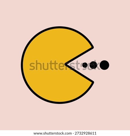 A simple graphic of the iconic Pac-Man character on a solid pink background, with a mouth open and three pellets