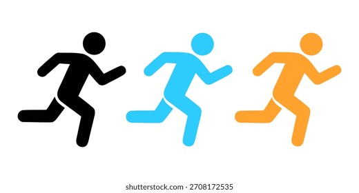 Iconos gráficos simples de tres figuras humanas estilizadas en movimiento, representadas en negro, azul y naranja.
