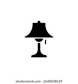 Simple graphic illustrates a black table lamp with a wide lampshade, curved base, and a pull chain hanging down. The design has a modern, minimalist aesthetic.