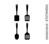 A simple graphic illustrates four black kitchen utensils a spatula turner spoon and slotted spatula