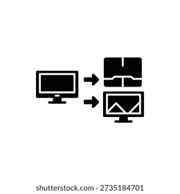 Simple graphic illustrating data exchange between computer monitors and databases.