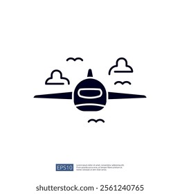 A simple graphic illustration of an airplane flying amidst clouds and waves, representing travel and aviation themes.