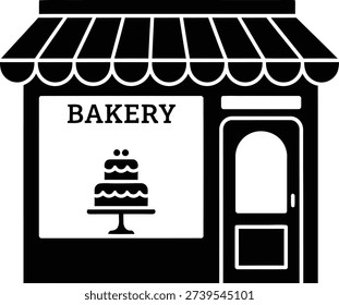 A simple graphic illustration of a bakery building facade, featuring a striped awning, a display window with a tiered cake and text, and an entrance door, isolated on a white background.