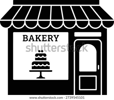 A simple graphic illustration of a bakery building facade, featuring a striped awning, a display window with a tiered cake and text, and an entrance door, isolated on a white background.