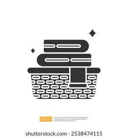 A simple graphic illustration of a basket containing stacked towels or blankets, symbolizing comfort and organization.