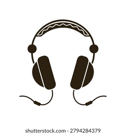 Simple graphic illustration of a black overear stereo headphone with a wire detail