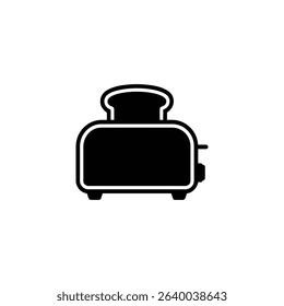 A simple, graphic illustration of a black toaster with two slices of toast popping out. It depicts a kitchen appliance design in front view over white.