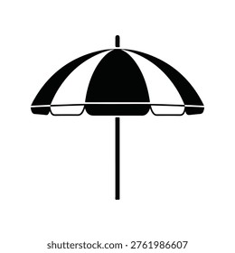 A simple graphic illustration of a black and white striped beach umbrella on a pole, set against a plain white background.