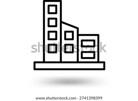 Simple graphic illustration of a building complex viewed from the front, showcasing architecture and design elements in a minimalist style, referencing .eps