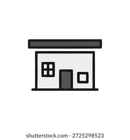 Ilustración gráfica simple de una fachada de edificio con una puerta y ventanas