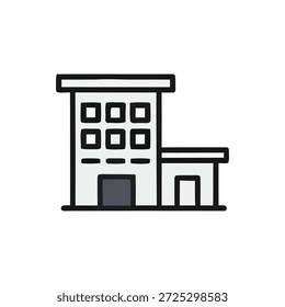 Simple graphic illustration of a building with multiple windows and a smaller adjacent structure