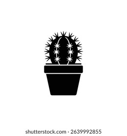 A simple graphic illustration of a cactus plant, featuring a black silhouette of a barrel-shaped cactus in a pot, using minimalist icon style design.