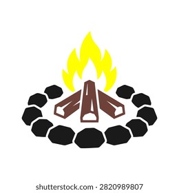 A simple graphic illustration of a campfire with logs burning brightly, surrounded by a protective ring of stones.